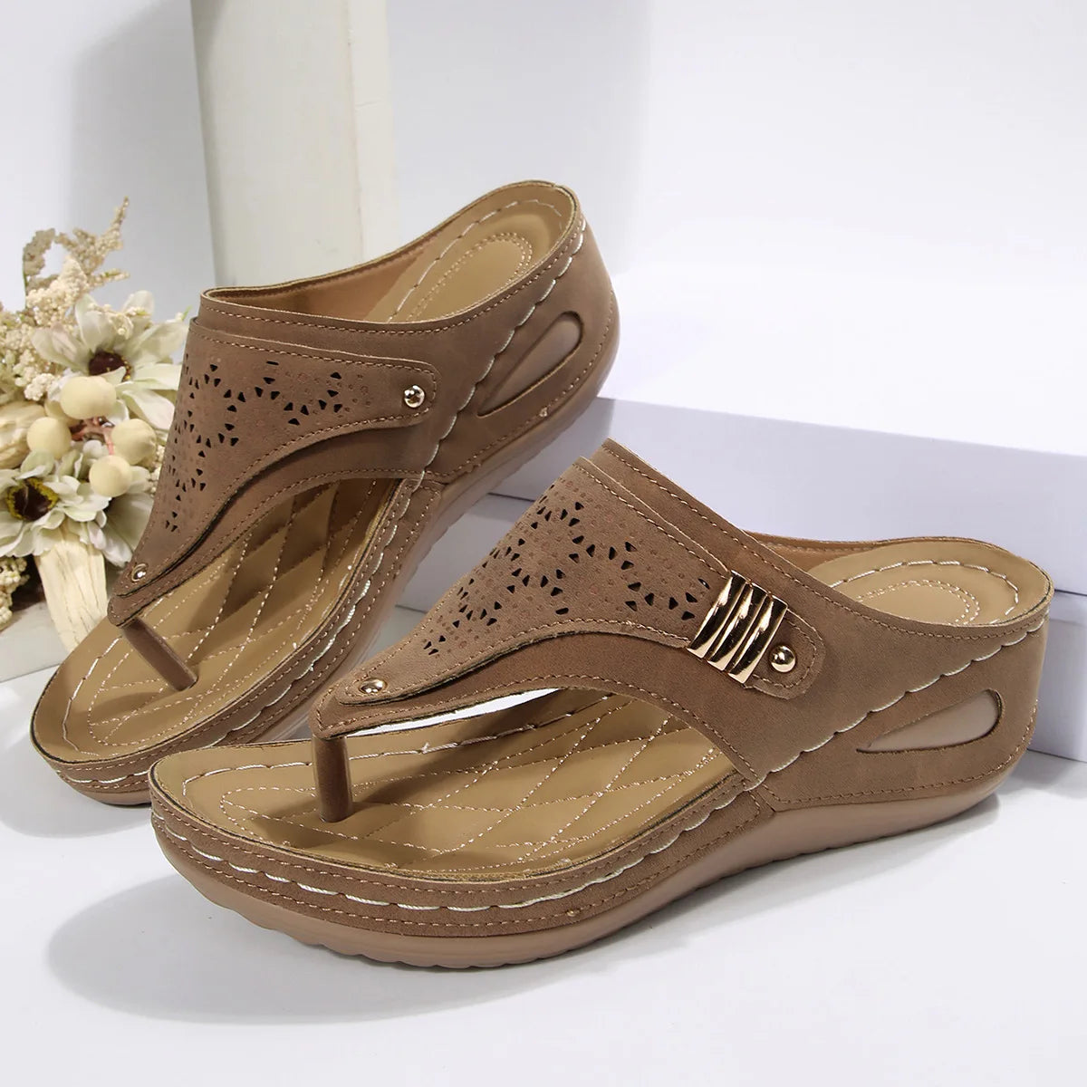 Women's Wedge Thong Sandals with Cut-Out Embroidery & Cork Sole