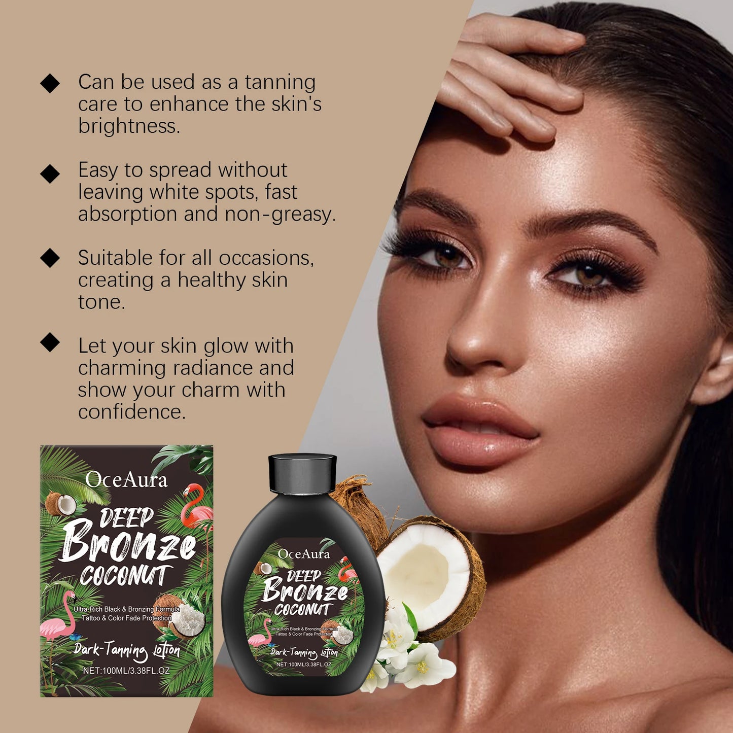 Oceaura Coconut Tanning Cream Moisturizing Summer Sunless Bronzer Wheat Skin Restore Luster Glowing Lasting Tanning Lotion