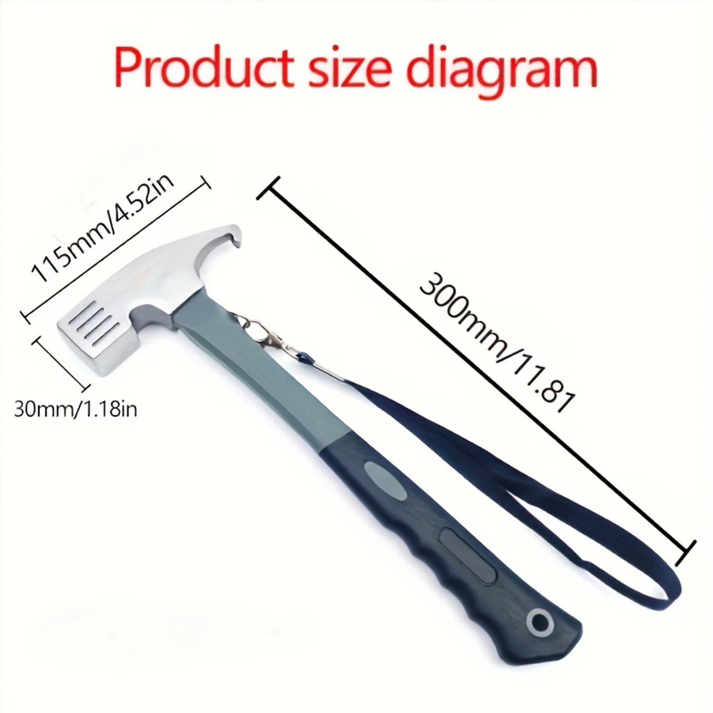 Camping Hammer with Tent Stake Remover - 10.8" Heavy Duty Multifunctional Steel Mallet Tool, Ergonomic Rubber Grip Handle