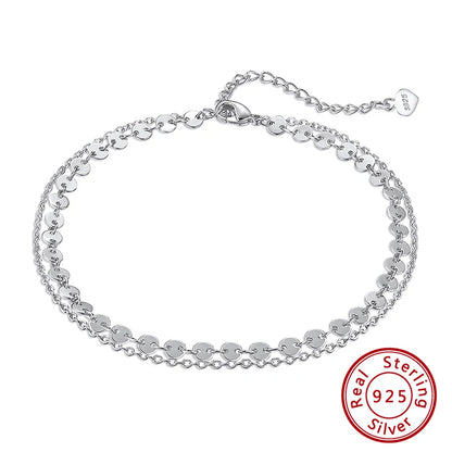 Rinntin Double Layered Coin Anklet Chain for Women Fashion 925 Sterling Silver Summer Beach Foot Chain Anklet Jewelry SA15