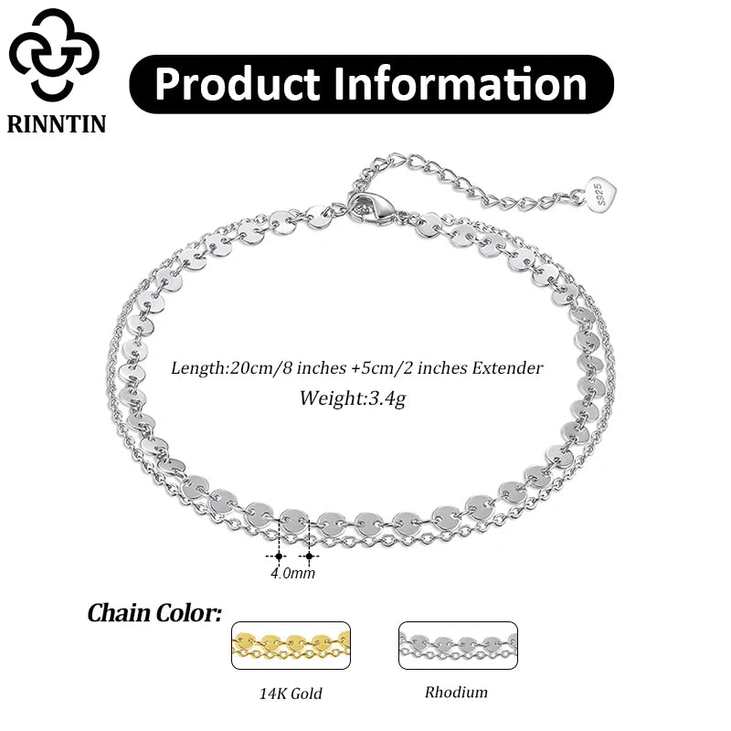 Rinntin Double Layered Coin Anklet Chain for Women Fashion 925 Sterling Silver Summer Beach Foot Chain Anklet Jewelry SA15
