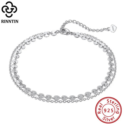Rinntin Double Layered Coin Anklet Chain for Women Fashion 925 Sterling Silver Summer Beach Foot Chain Anklet Jewelry SA15
