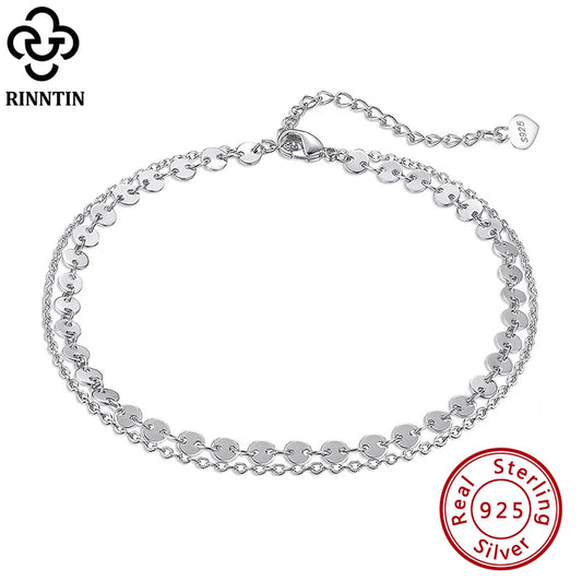 Rinntin Double Layered Coin Anklet Chain for Women Fashion 925 Sterling Silver Summer Beach Foot Chain Anklet Jewelry SA15
