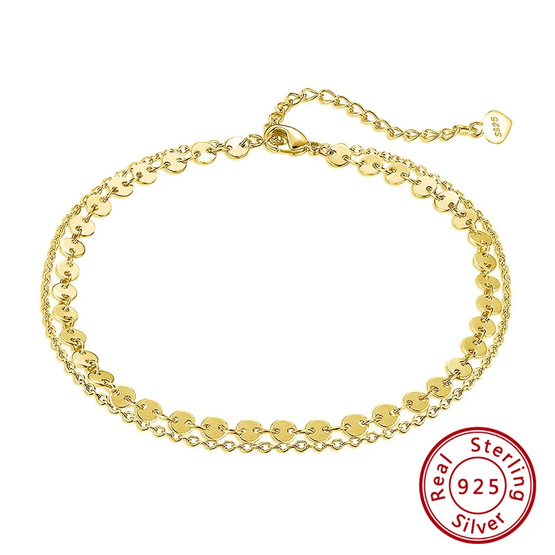 Rinntin Double Layered Coin Anklet Chain for Women Fashion 925 Sterling Silver Summer Beach Foot Chain Anklet Jewelry SA15