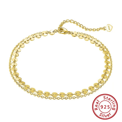 Rinntin Double Layered Coin Anklet Chain for Women Fashion 925 Sterling Silver Summer Beach Foot Chain Anklet Jewelry SA15