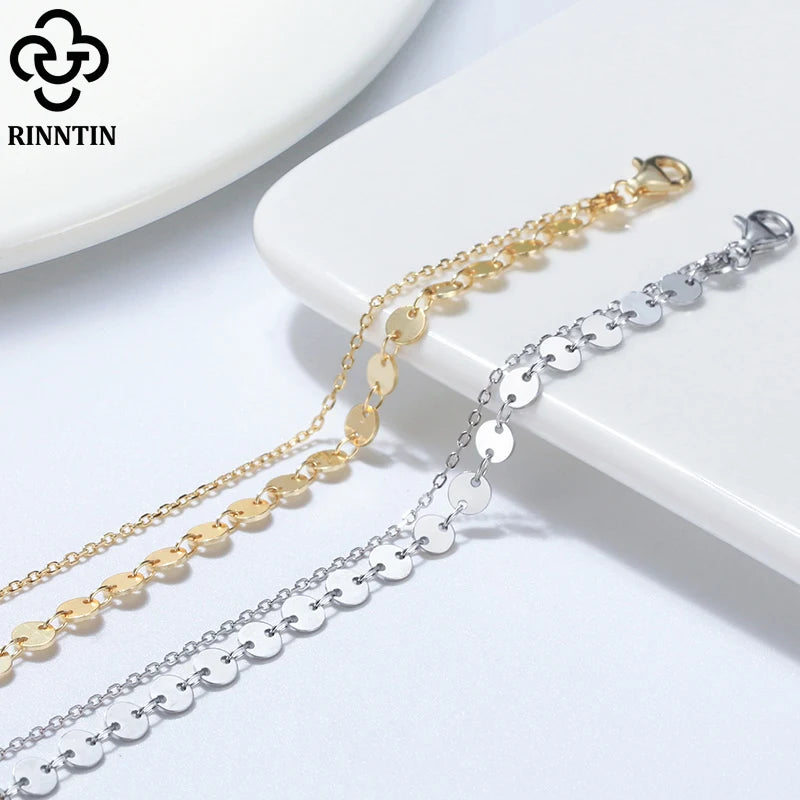 Rinntin Double Layered Coin Anklet Chain for Women Fashion 925 Sterling Silver Summer Beach Foot Chain Anklet Jewelry SA15