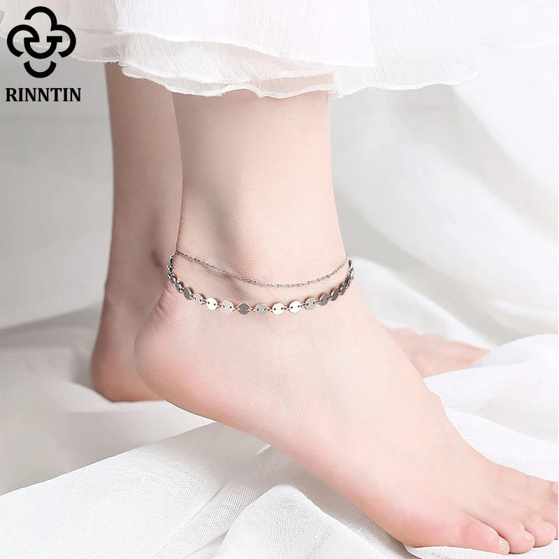 Rinntin Double Layered Coin Anklet Chain for Women Fashion 925 Sterling Silver Summer Beach Foot Chain Anklet Jewelry SA15