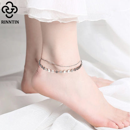Rinntin Double Layered Coin Anklet Chain for Women Fashion 925 Sterling Silver Summer Beach Foot Chain Anklet Jewelry SA15
