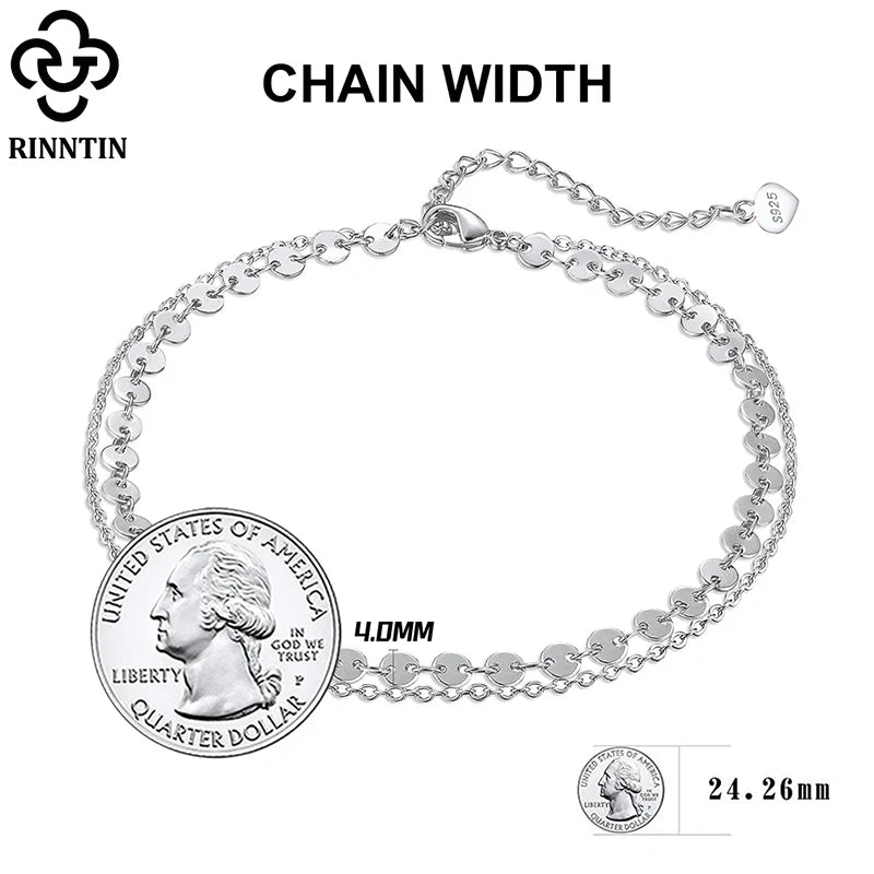 Rinntin Double Layered Coin Anklet Chain for Women Fashion 925 Sterling Silver Summer Beach Foot Chain Anklet Jewelry SA15