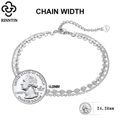 Rinntin Double Layered Coin Anklet Chain for Women Fashion 925 Sterling Silver Summer Beach Foot Chain Anklet Jewelry SA15