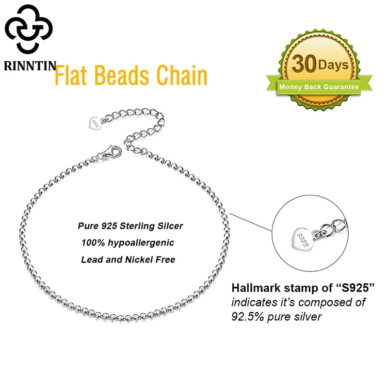 Rinntin 925 Sterling Silver Beads Chain Anklet for Women Fashion Adjustable Summer Beach Foot Bracelet Anklets Jewelry SA13