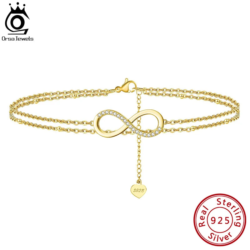 ORSA JEWELS 925 Silver Cute Zirconia Foot Bracelet Beach Summer Accessories Infinity Charm Anklets Jewelry Valentine's Gift SA16