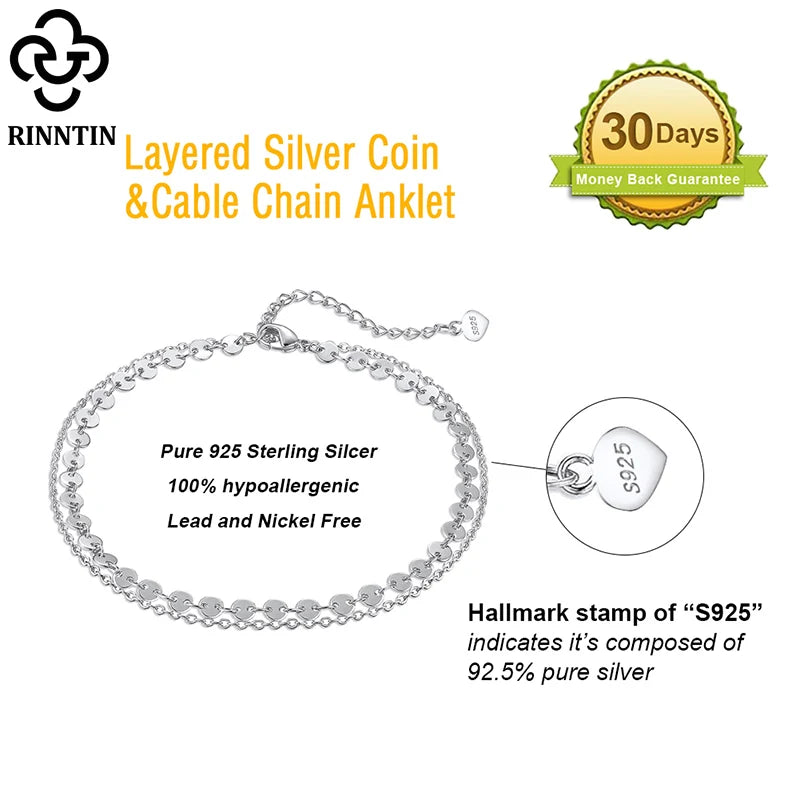Rinntin Double Layered Coin Anklet Chain for Women Fashion 925 Sterling Silver Summer Beach Foot Chain Anklet Jewelry SA15