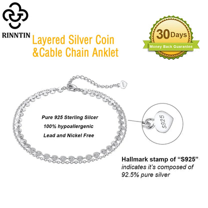 Rinntin Double Layered Coin Anklet Chain for Women Fashion 925 Sterling Silver Summer Beach Foot Chain Anklet Jewelry SA15