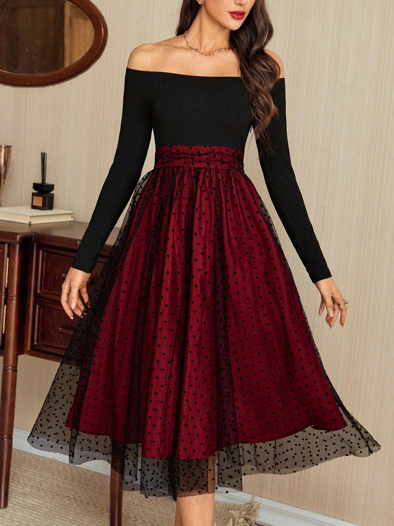 Vintage Elegant Off Shoulder Long Dress Polka Dot Mesh Skirt Party Dress For Women