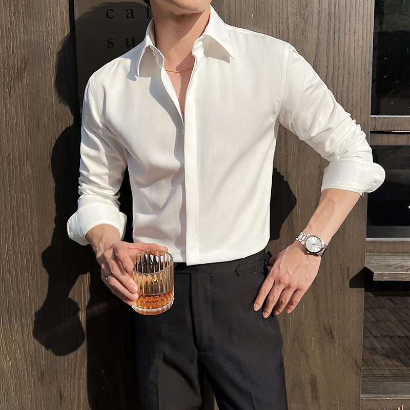 Men's White Long-Sleeve Dress Shirt - Slim  Comfortable Fabric. Ideal for Formal Events & Everyday Wear. Classic & Modern Design