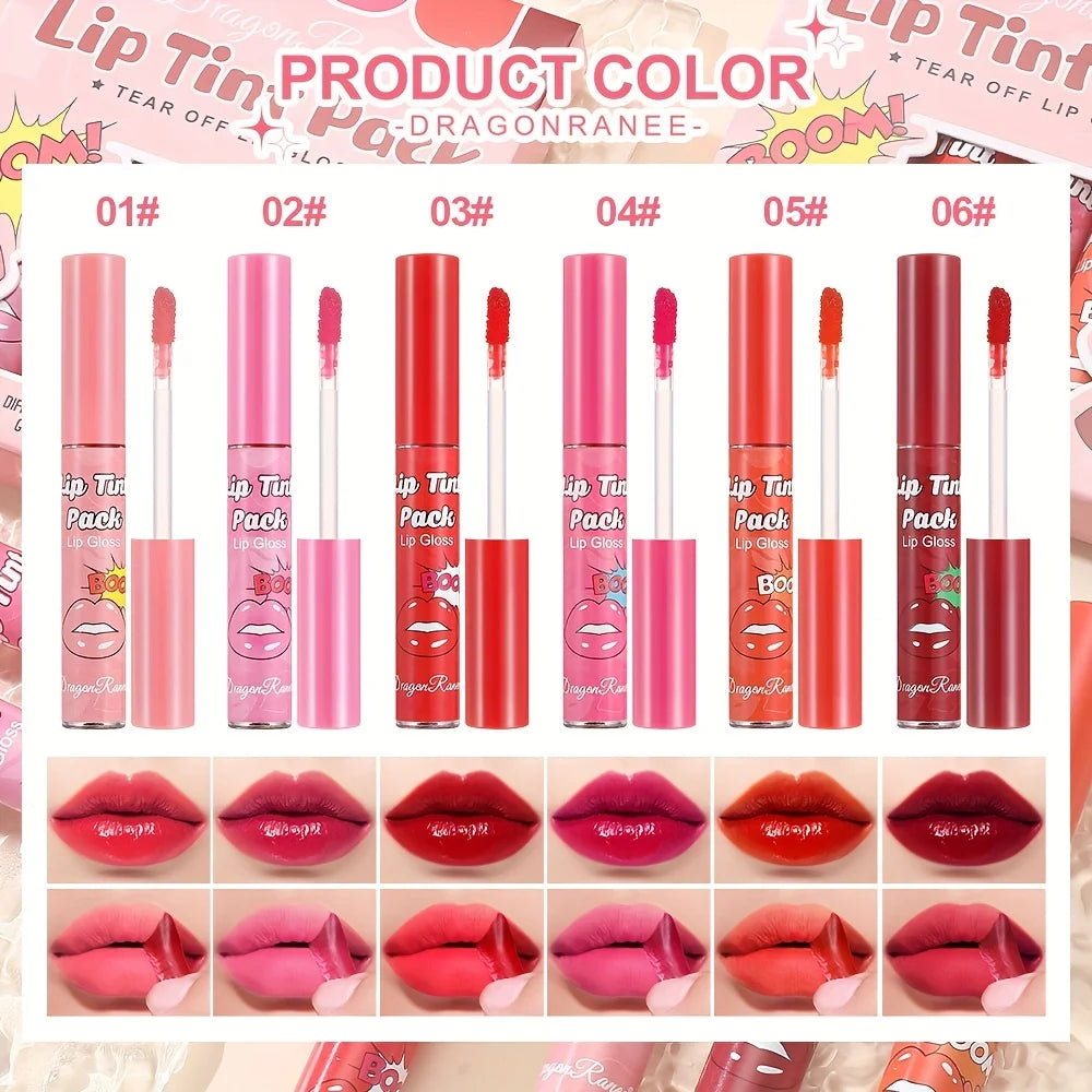 6-Piece Magic Lip Stain Set | Peel-Off Tint + Hydrating Mask | 12H Kiss-Proof Color | Lip Gloss Hybrid | Vegan & Non-Drying