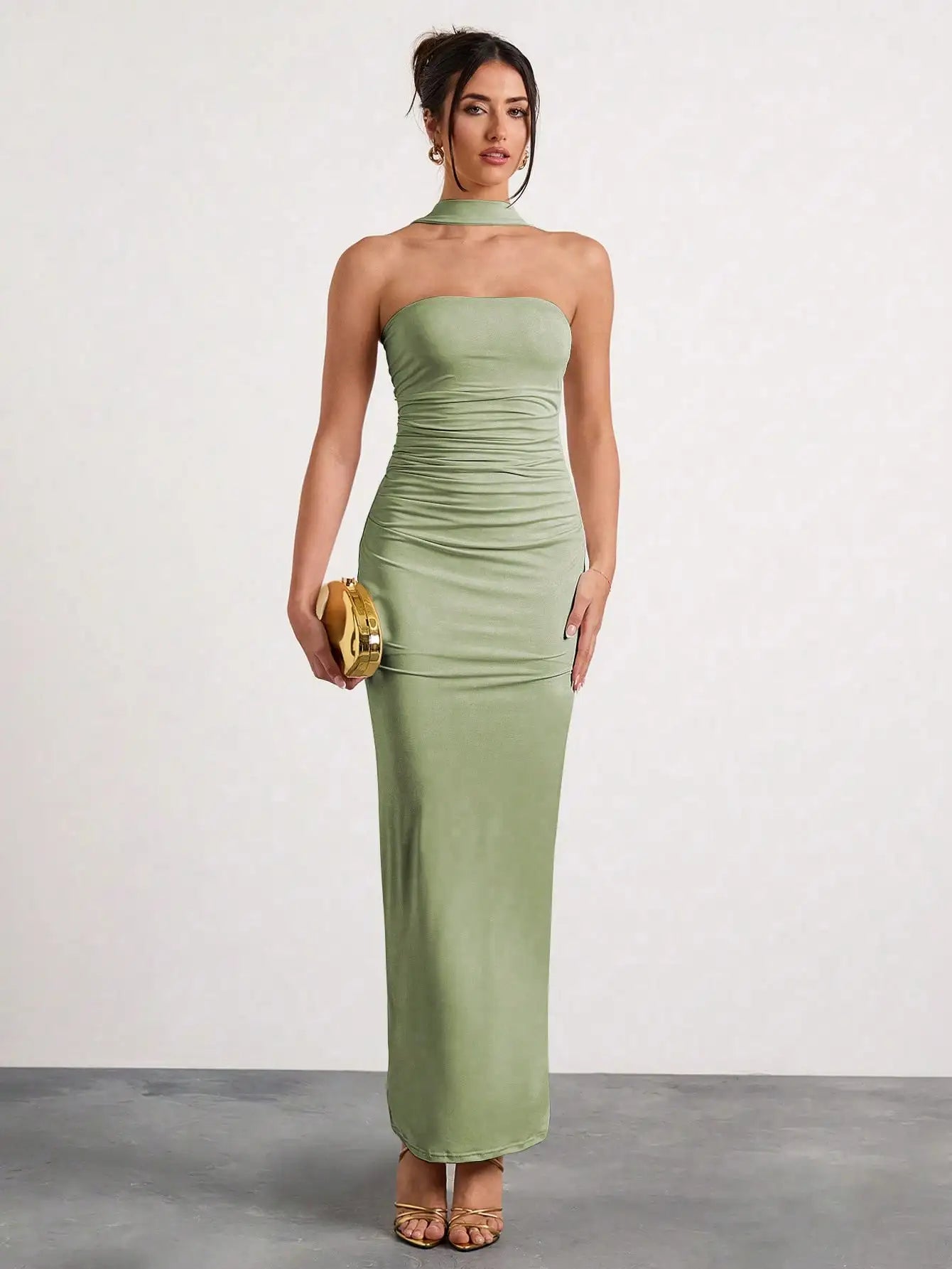 Black Ruched Halter Neck Maxi Dress For Evening Party Formal Occasion
