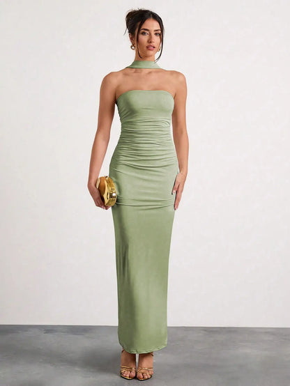 Black Ruched Halter Neck Maxi Dress For Evening Party Formal Occasion