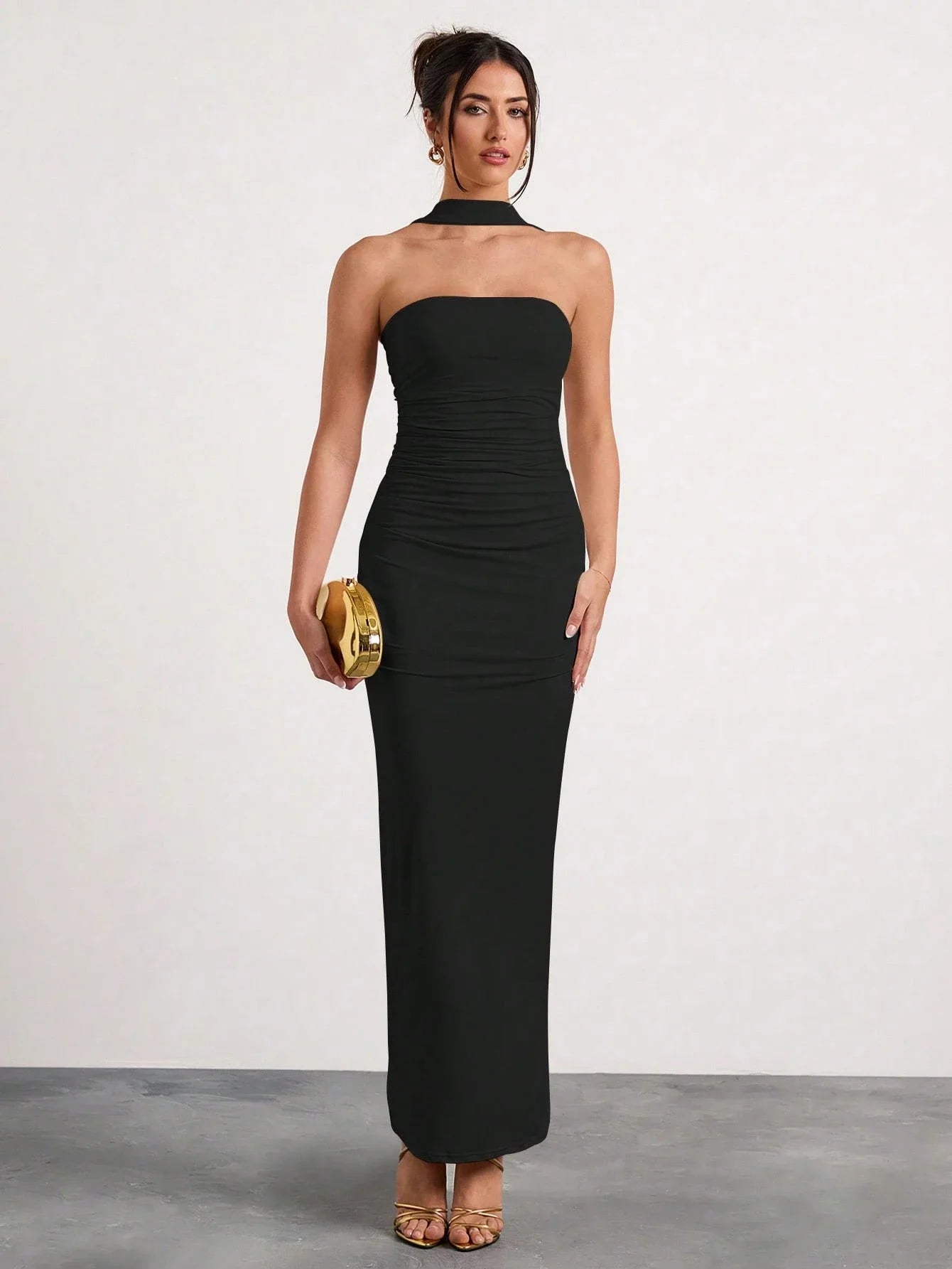 Black Ruched Halter Neck Maxi Dress For Evening Party Formal Occasion