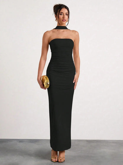 Black Ruched Halter Neck Maxi Dress For Evening Party Formal Occasion