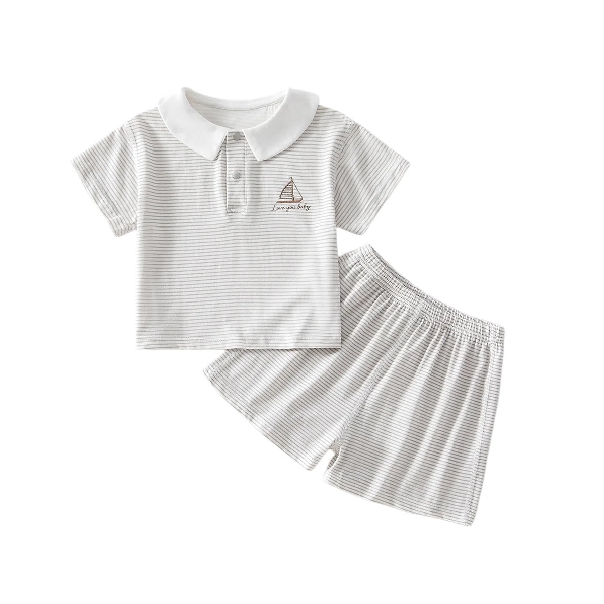 3M-3Y New Summer Baby Set Sailboat Embroidery Stripe Tee+Elastic Waist Shorts 2Pcs Clothes for Boys Girls Soft Thin Outfit