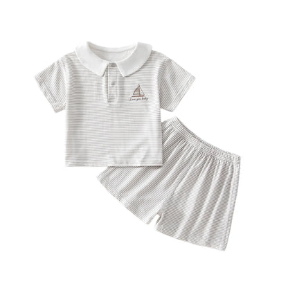 3M-3Y New Summer Baby Set Sailboat Embroidery Stripe Tee+Elastic Waist Shorts 2Pcs Clothes for Boys Girls Soft Thin Outfit