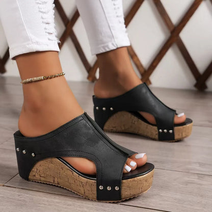Women's Non-Slip Open Toe Cutout Wedge Sandals Cork Platform Mules Comfortable Breathable Summer Footwear