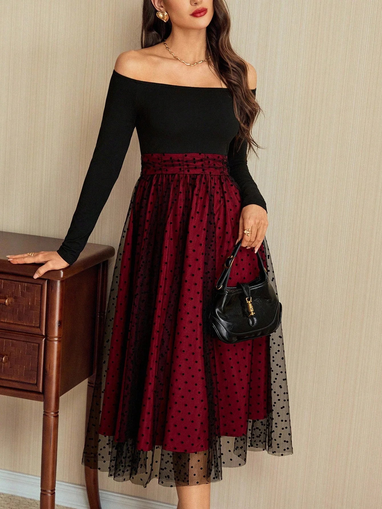 Vintage Elegant Off Shoulder Long Dress Polka Dot Mesh Skirt Party Dress For Women