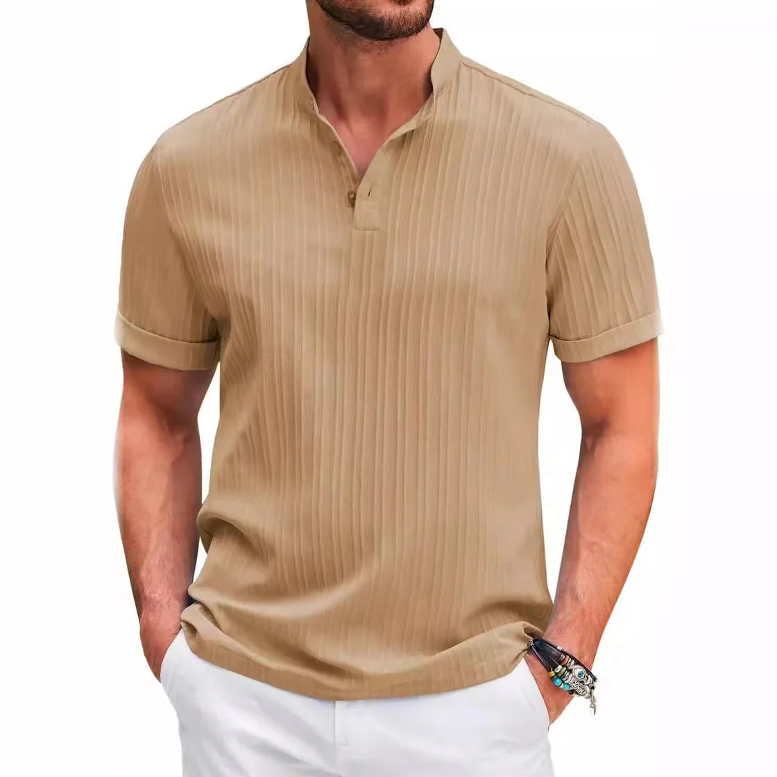 Hawaiian Men's Retro Cotton And Linen Henry Shirt Casual Loose With Sporty Stand-up Collar Buttons 2025 New Men's Casual Shirt