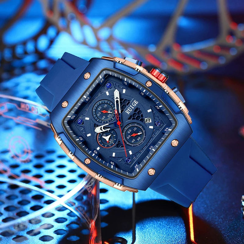 RUIGE Outdoor Wind Wine Barrel shaped Men's Quartz Watch Multi functional Men's Night Light Waterproof Fashion Trend Watch N11
