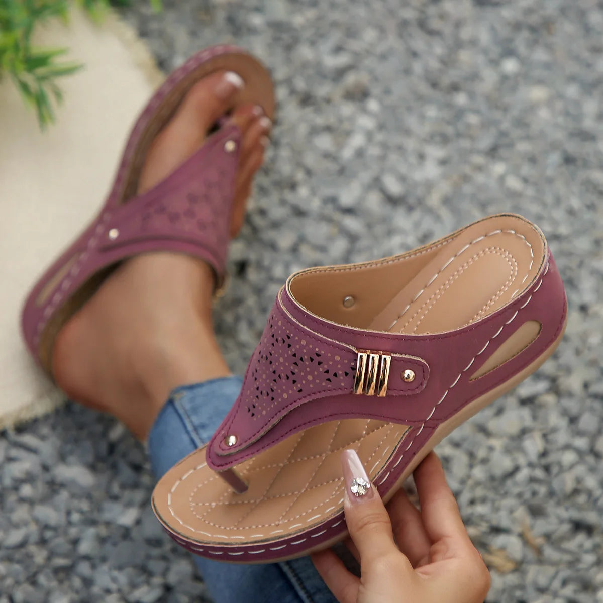 Women's Wedge Thong Sandals with Cut-Out Embroidery & Cork Sole