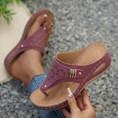 Women's Wedge Thong Sandals with Cut-Out Embroidery & Cork Sole