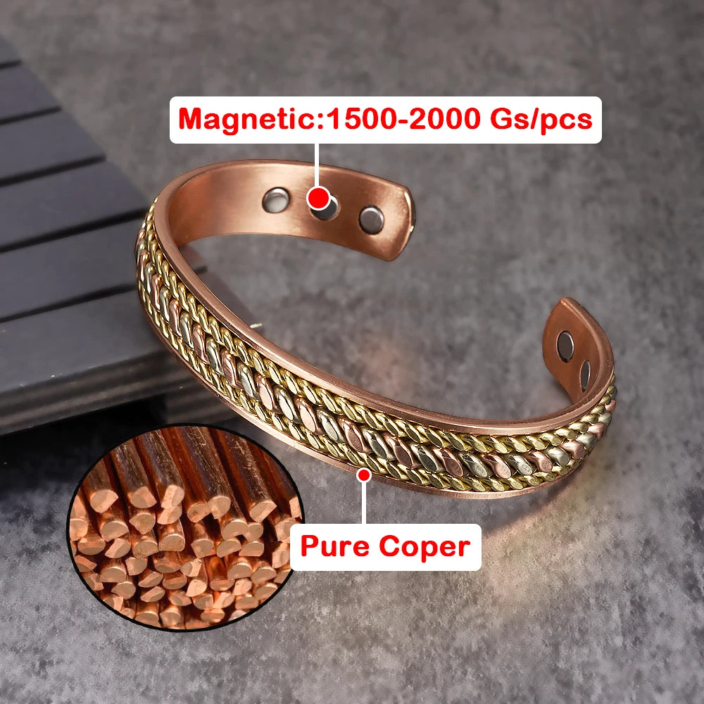 Vinterly Pure Copper Bracelets Magnetic Adjustable Braided Cuff 12mm Bangles Soft Metal Resizable Health Jewelry Men Women