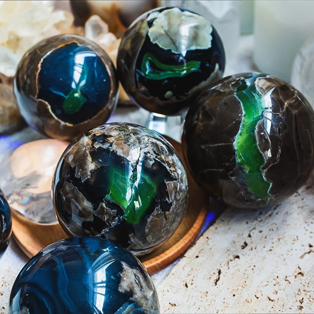 1 UV-reactive volcanic agate ball - luminescent green fluorescent crystal with clusters, volcanic stone home decor