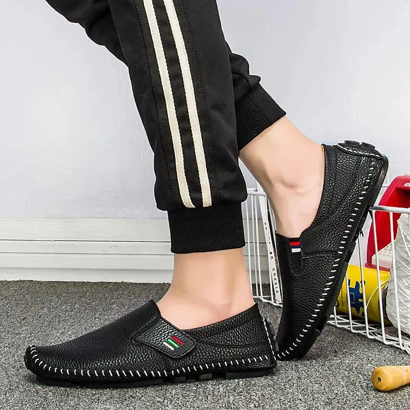 Men's Summer New Hollow Out Driving Breathable Leather Sandals Rubber Outsole Comfortable Casual Slip-On Shoes