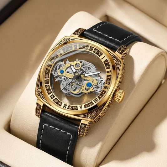 1pc Vintage Hollow-out Mechanical Watch with Roman Numerals, Personality Decoration, Black Leather Strap