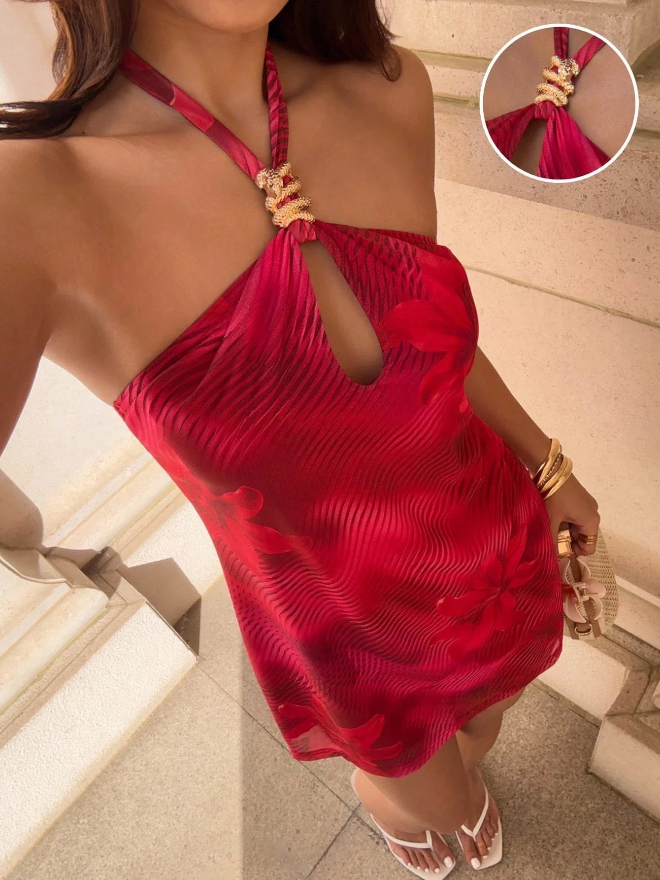 Red Mesh Floral Print Halter Backless A-Line Mini Dress For Women Spring Summer