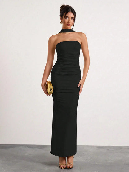 Black Ruched Halter Neck Maxi Dress For Evening Party Formal Occasion