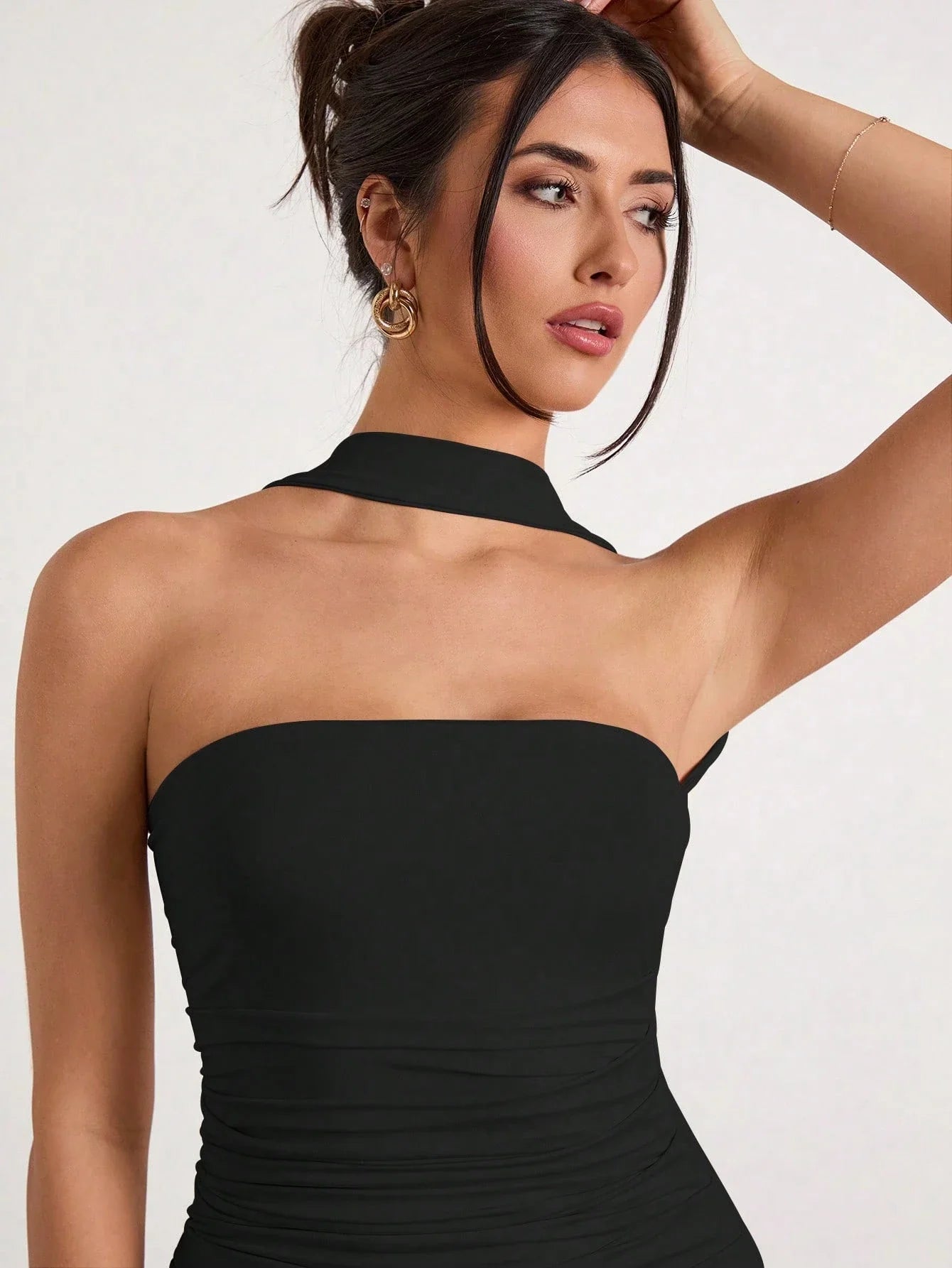 Black Ruched Halter Neck Maxi Dress For Evening Party Formal Occasion