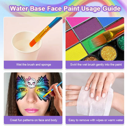 42 Colors UV Neon Face Paint Set Water Soluble Fluorescent Glitter Art Makeup for Body Painting Festivals Halloween
