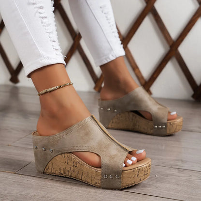 Women's Non-Slip Open Toe Cutout Wedge Sandals Cork Platform Mules Comfortable Breathable Summer Footwear