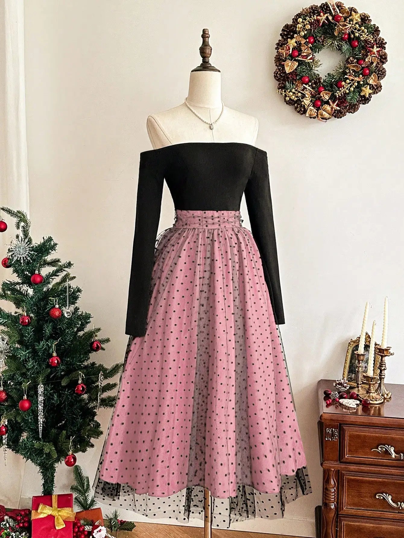 Vintage Elegant Off Shoulder Long Dress Polka Dot Mesh Skirt Party Dress For Women