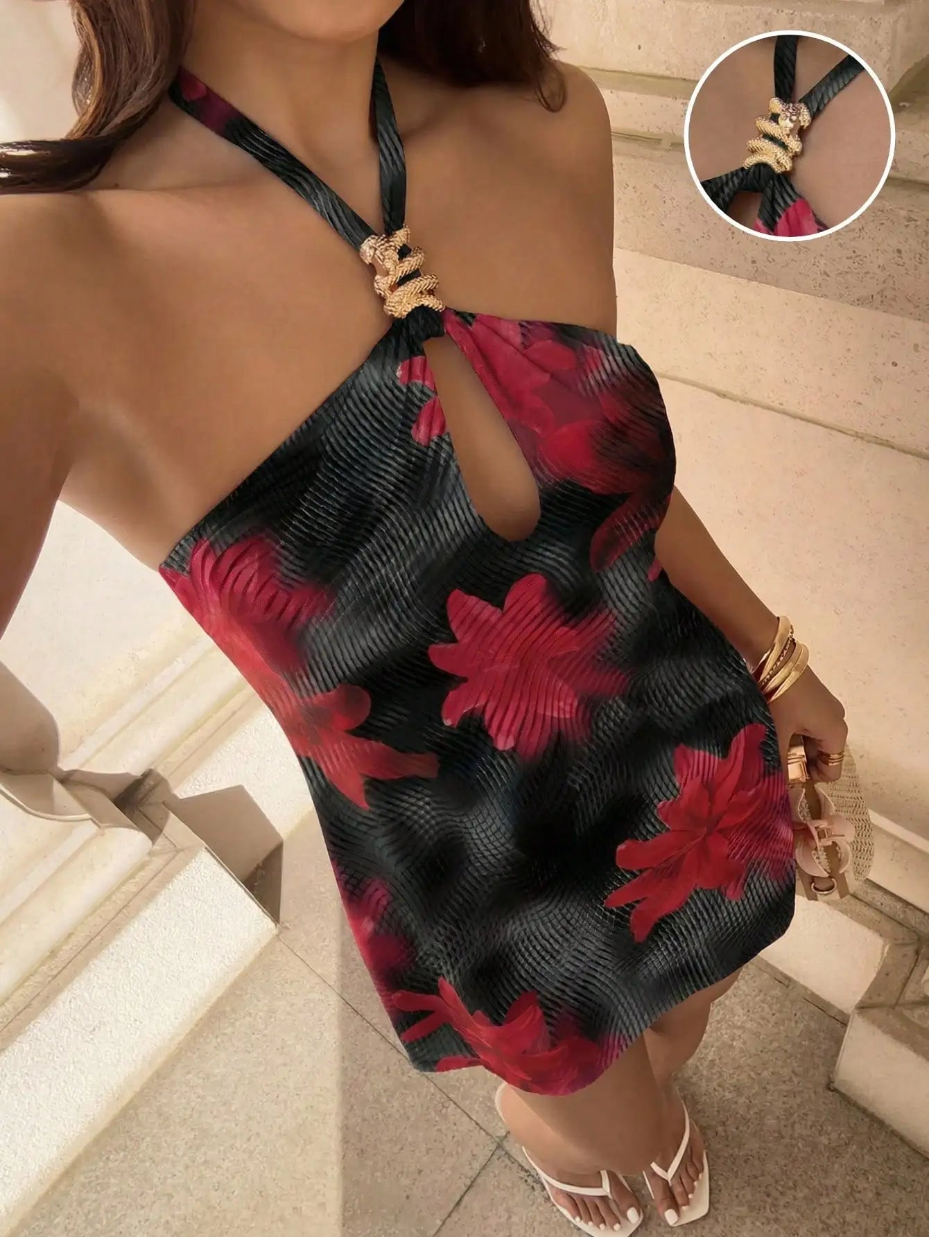 Red Mesh Floral Print Halter Backless A-Line Mini Dress For Women Spring Summer