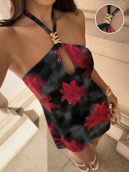 Red Mesh Floral Print Halter Backless A-Line Mini Dress For Women Spring Summer
