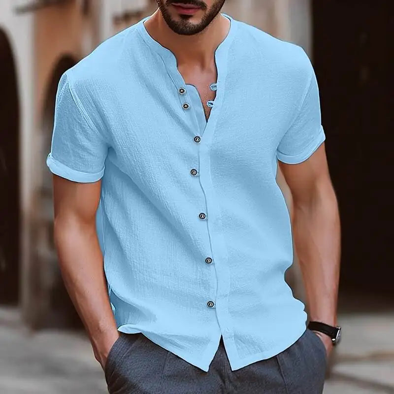 New linen shirt men's casual shirt lightweight short sleeved Henry Beach shirt Hawaii T-shirt men