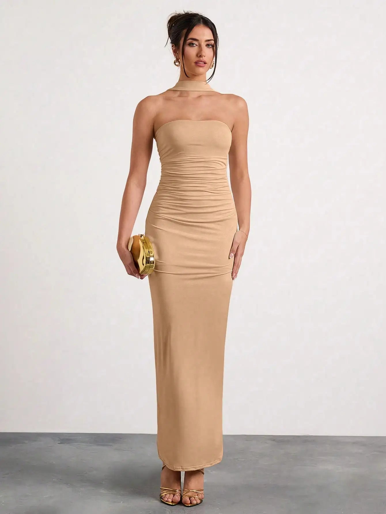 Black Ruched Halter Neck Maxi Dress For Evening Party Formal Occasion