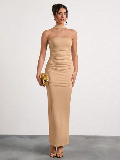 Black Ruched Halter Neck Maxi Dress For Evening Party Formal Occasion