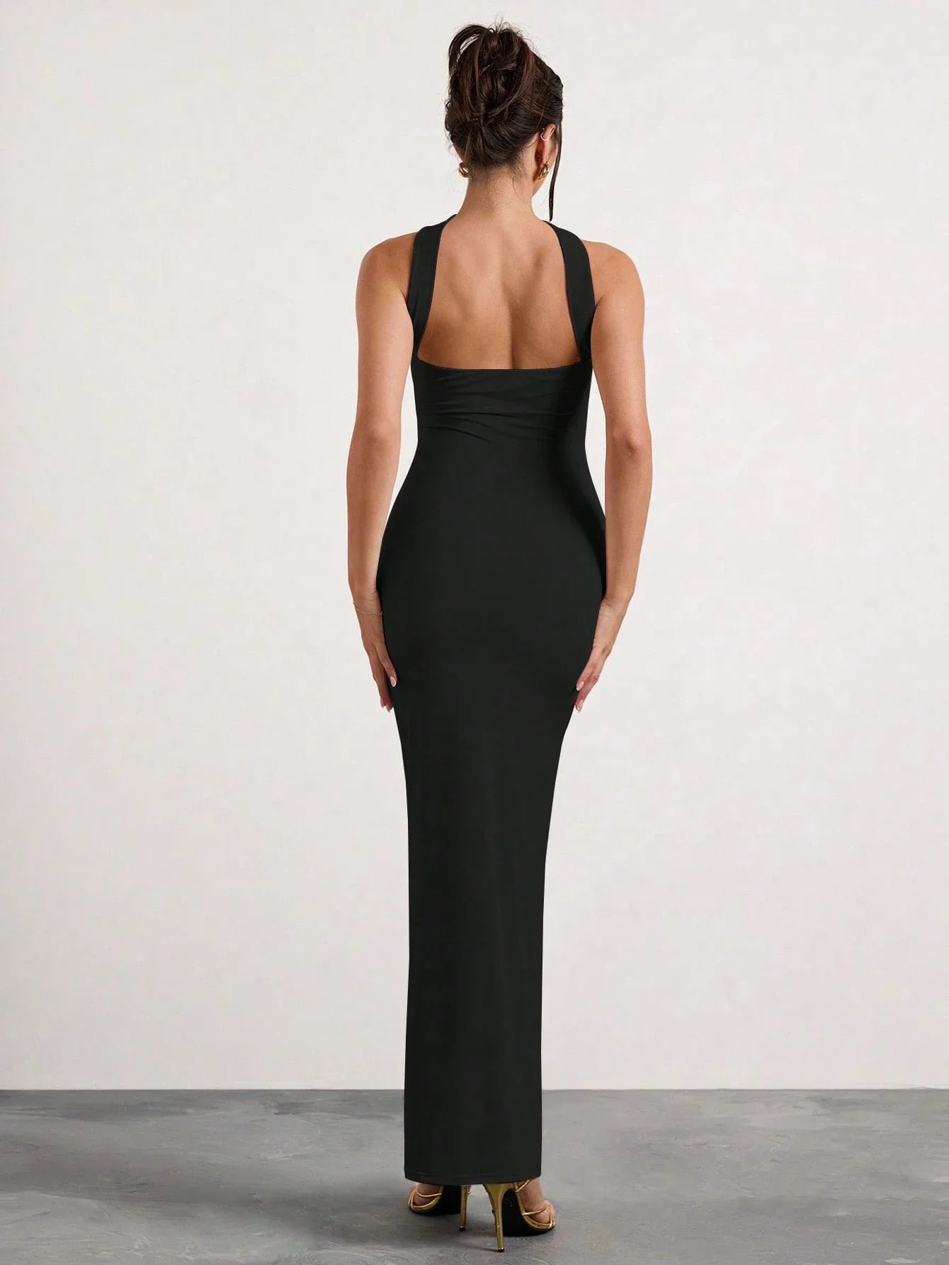Black Ruched Halter Neck Maxi Dress For Evening Party Formal Occasion