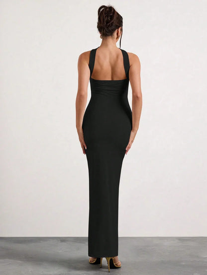 Black Ruched Halter Neck Maxi Dress For Evening Party Formal Occasion